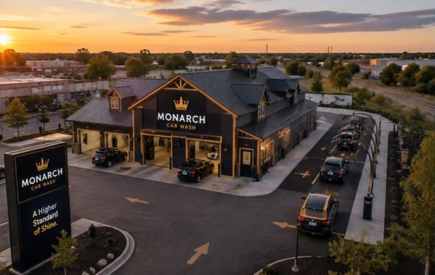 Monarch Car Wash flagship location at dusk